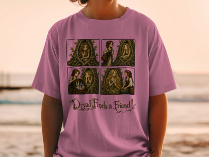 Comic strip of a dryad in a tree and finding a friend, with text "Dryad Finds a Friend!".