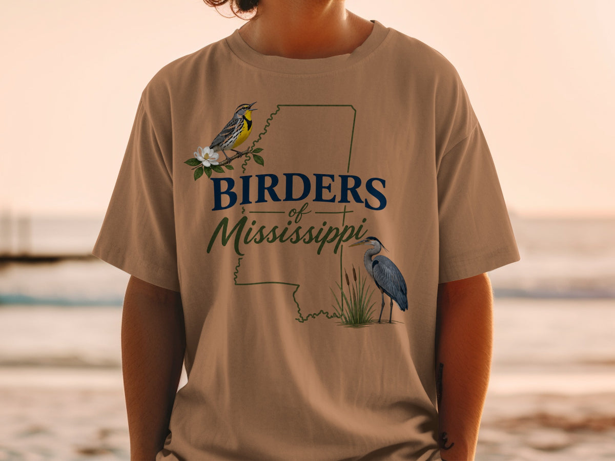 T-shirt with "Birders of Mississippi" text, a yellow bird and a heron.