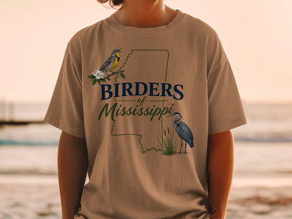 T-shirt with "Birders of Mississippi" text, a yellow bird and a heron.