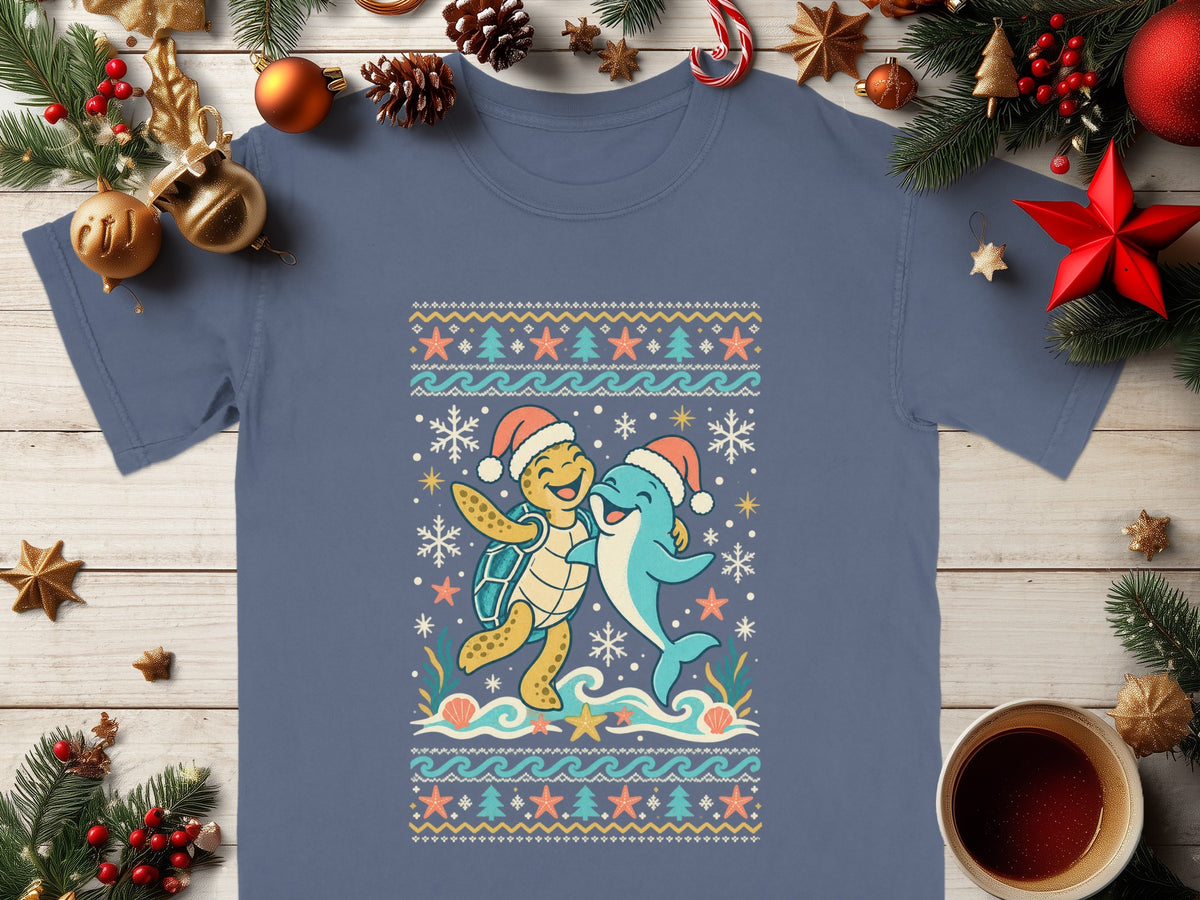 Turtle and dolphin in Santa hats embrace in a winter-themed ocean pattern.