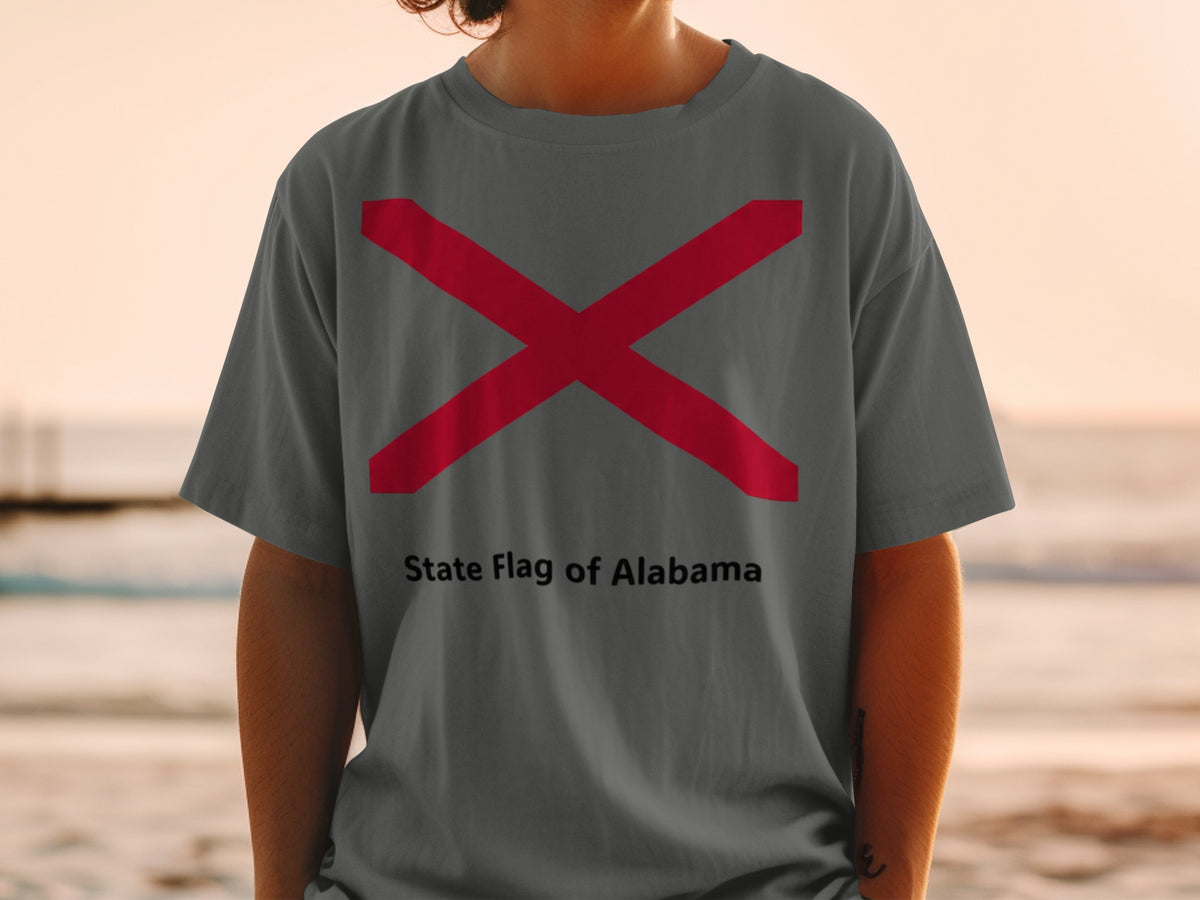 Grey t-shirt with the State Flag of Alabama design and text.