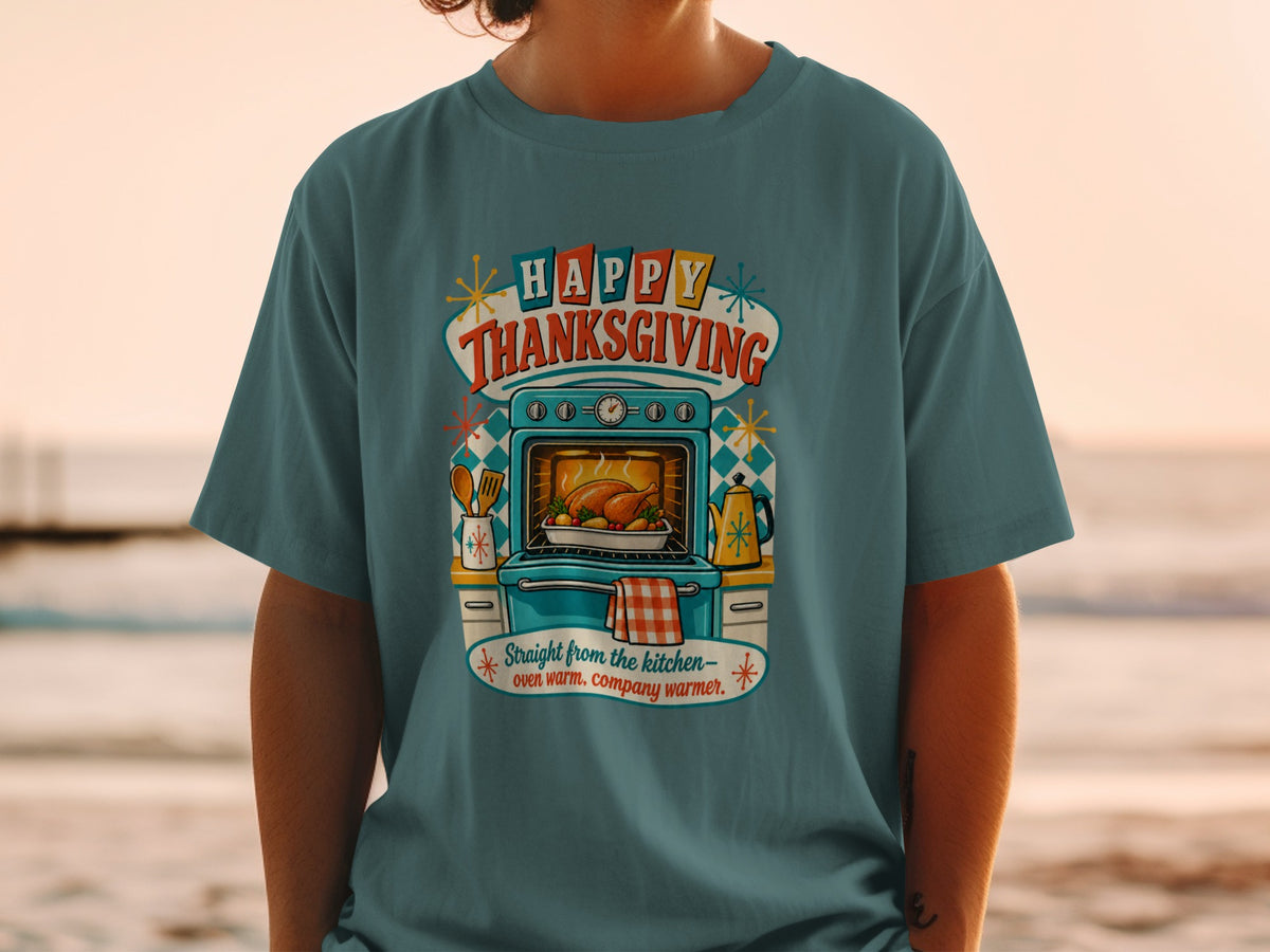 Happy Thanksgiving text over illustration of turkey in oven and kitchenware.