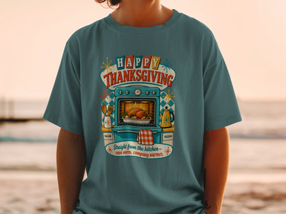 Happy Thanksgiving text over illustration of turkey in oven and kitchenware.