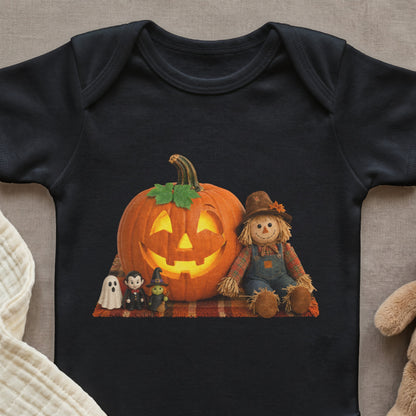 Black bodysuit with Halloween print of a smiling pumpkin, scarecrow, ghost, vampire, and witch.