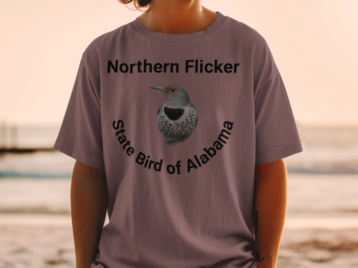 T-shirt with Northern Flicker illustration and "State Bird of Alabama" text.
