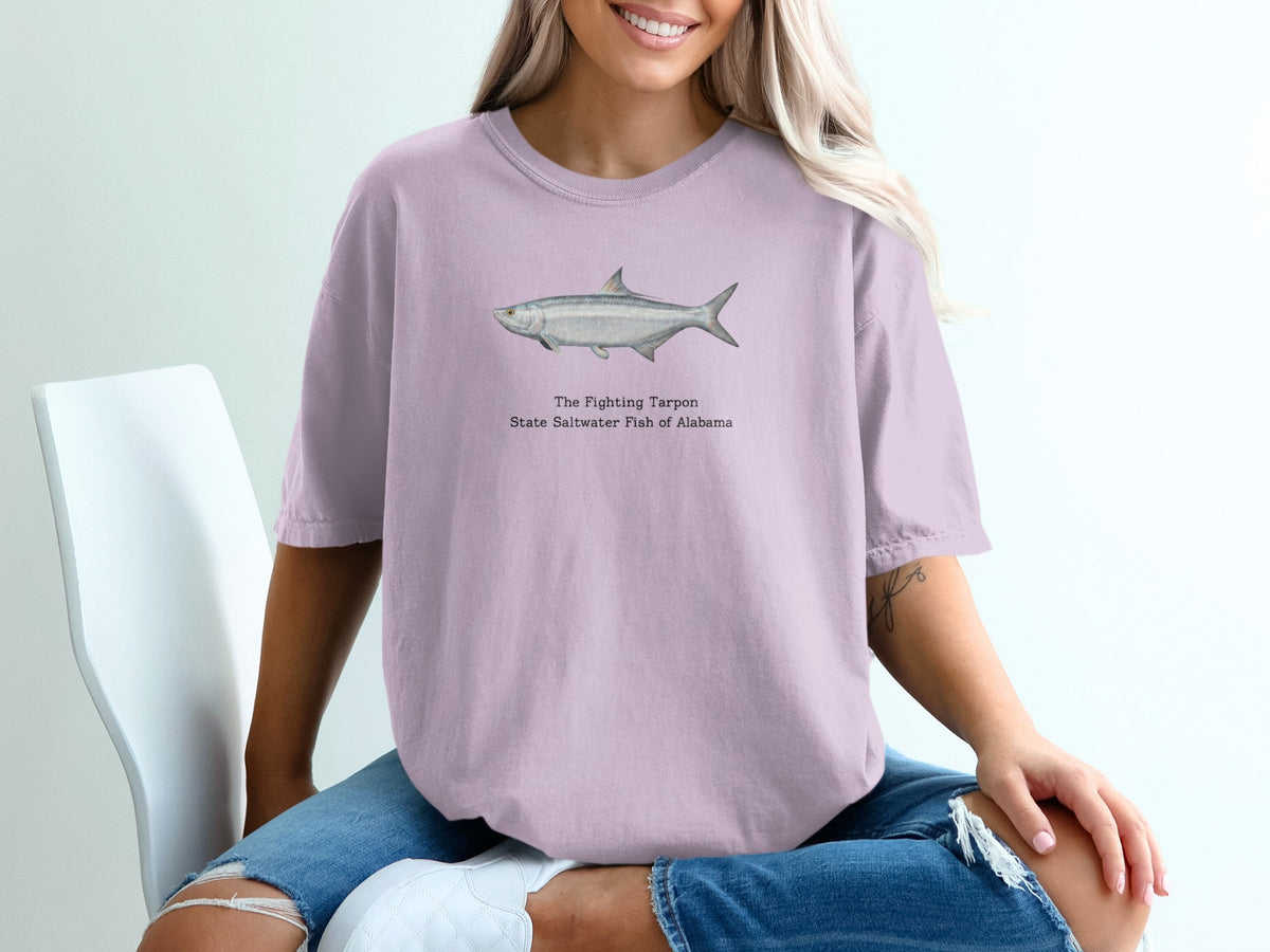 Lilac t-shirt with a fighting tarpon illustration and text "State Saltwater Fish of Alabama".
