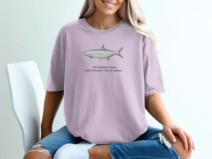 Lilac t-shirt with a fighting tarpon illustration and text "State Saltwater Fish of Alabama".