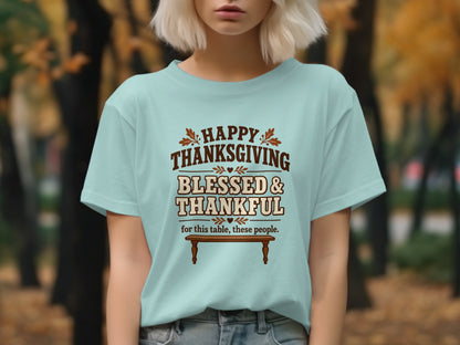 Light blue t-shirt with "Happy Thanksgiving Blessed & Thankful" text and a table graphic.