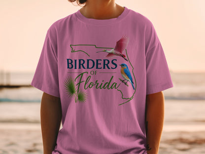 Birders of Florida text with roseate spoonbill and bluebird on Florida outline.
