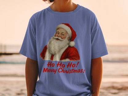 Blue t-shirt with Santa Claus graphic and "Ho Ho Ho! Merry Christmas!" text.