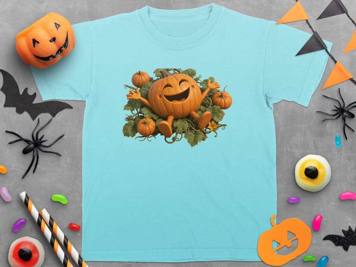 Light blue t-shirt with a happy cartoon pumpkin and small pumpkins graphic.