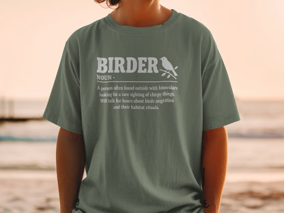 Green t-shirt with white text defining "BIRDER" and a bird on a branch.