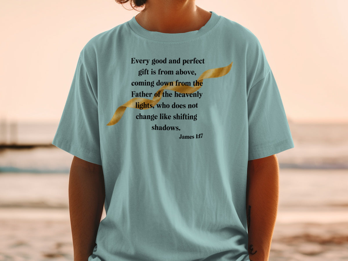 Light blue t-shirt with James 1:17 bible verse and golden ribbon graphic.