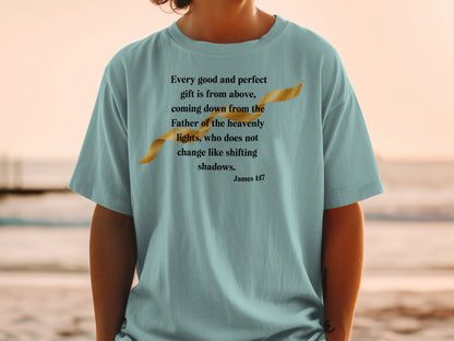 Light blue t-shirt with James 1:17 bible verse and golden ribbon graphic.