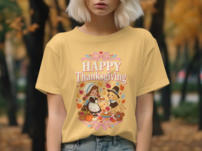 Yellow t-shirt with "Happy Thanksgiving" text and Thanksgiving-themed cartoon illustration.