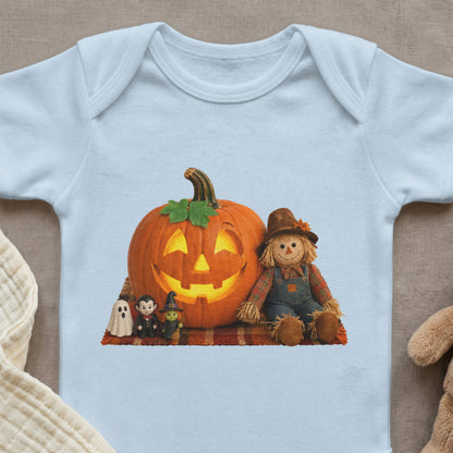 Light blue baby onesie with Halloween pumpkin, scarecrow, vampire, witch, and ghost graphic.