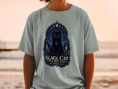 Black cat graphic tee with "Black Cat Star Map Eyes Map To Halloween City" text.