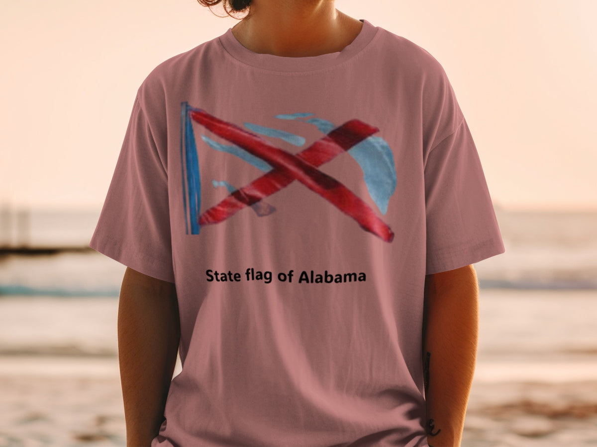 T-shirt with stylized Alabama state flag and text "State flag of Alabama".