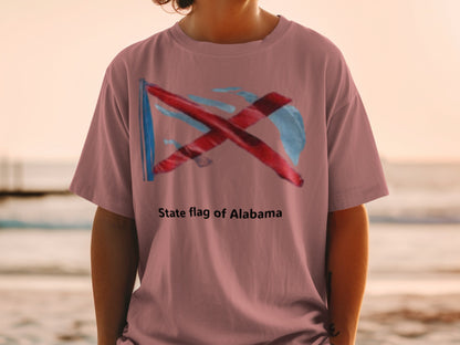 T-shirt with stylized Alabama state flag and text "State flag of Alabama".