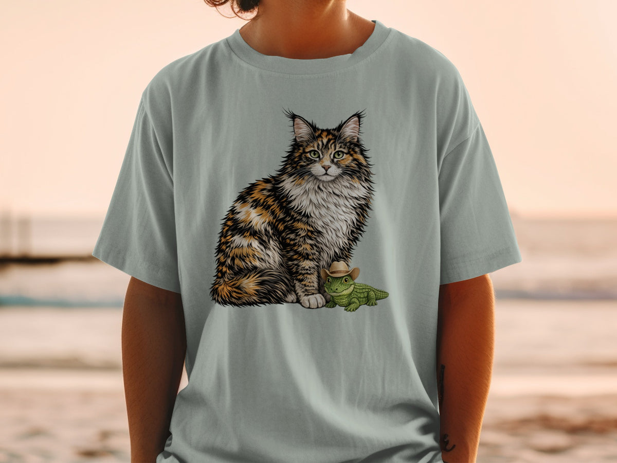 A person wearing a light blue t-shirt featuring a graphic of a calico cat and a small alligator wearing a tiny cowboy hat.