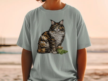 A person wearing a light blue t-shirt featuring a graphic of a calico cat and a small alligator wearing a tiny cowboy hat.