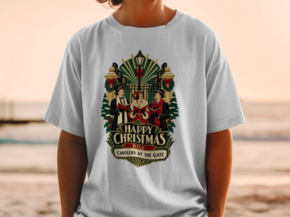 T-shirt with "Happy Christmas Ritz Carolers at the Gate" graphic.