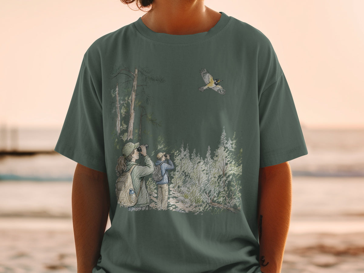 Illustration of two people birdwatching in a forest with a yellow bird flying.