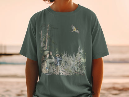 Illustration of two people birdwatching in a forest with a yellow bird flying.