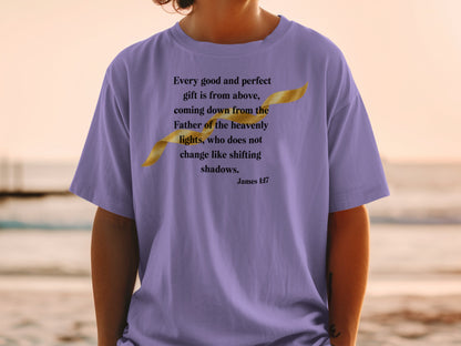 Purple t-shirt with James 1:17 scripture and gold ribbon design.