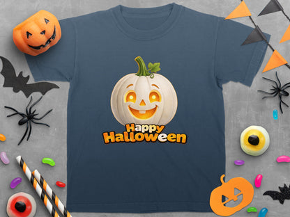 T-shirt with a smiling white pumpkin and "Happy Halloween" text.