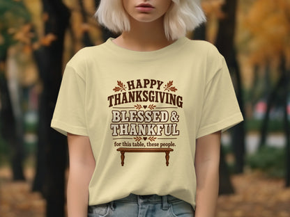 Light yellow t-shirt with "Happy Thanksgiving Blessed & Thankful" text.
