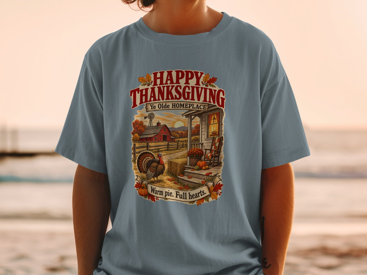 Thanksgiving graphic with turkey, barn, porch, and text "Happy Thanksgiving Ye Olde Homeplace Warm pie. Full hearts."