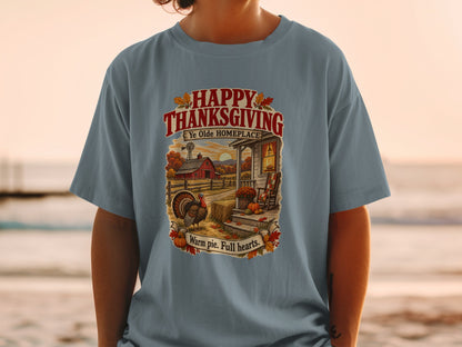 Thanksgiving graphic with turkey, barn, porch, and text "Happy Thanksgiving Ye Olde Homeplace Warm pie. Full hearts."