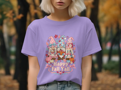 Purple t-shirt with three gnomes and "Happy Fall Y'all" text.
