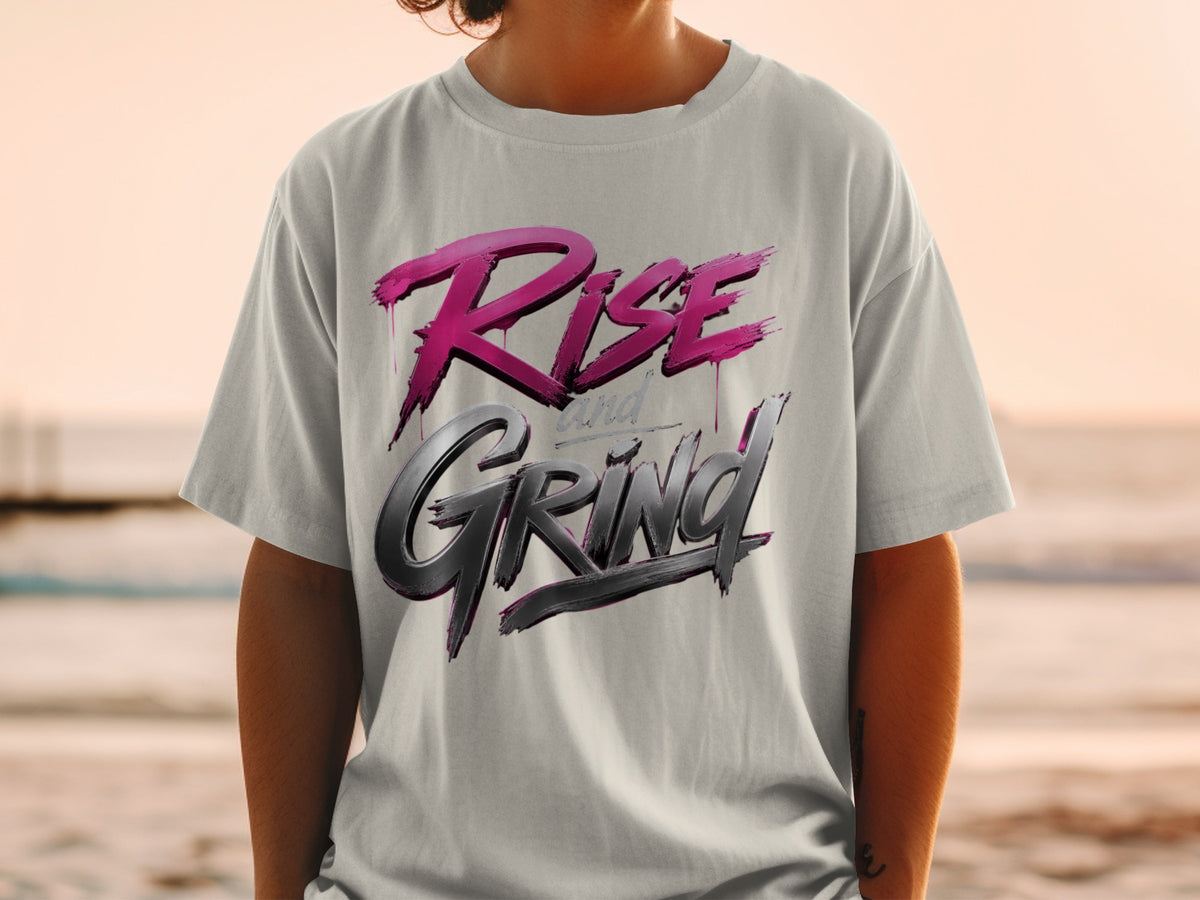 Light grey t-shirt with metallic pink "Rise" and grey "Grind" text.