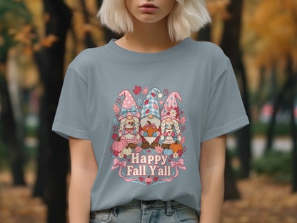 Three gnomes with pumpkins and leaves, text "Happy Fall Y'all".