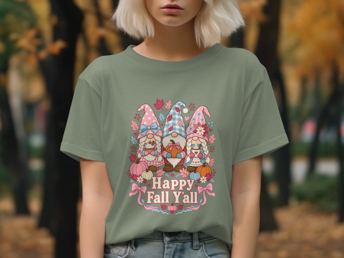 Three gnomes with pumpkins and fall decorations, text reads "Happy Fall Y'all".