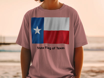 T-shirt with the State Flag of Texas and text below.
