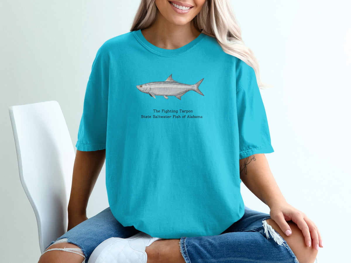 Teal t-shirt with "The Fighting Tarpon" and "State Saltwater Fish of Alabama" text.