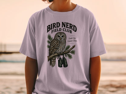 T-shirt with text "Bird Nerd Field Club" and an owl with binoculars.