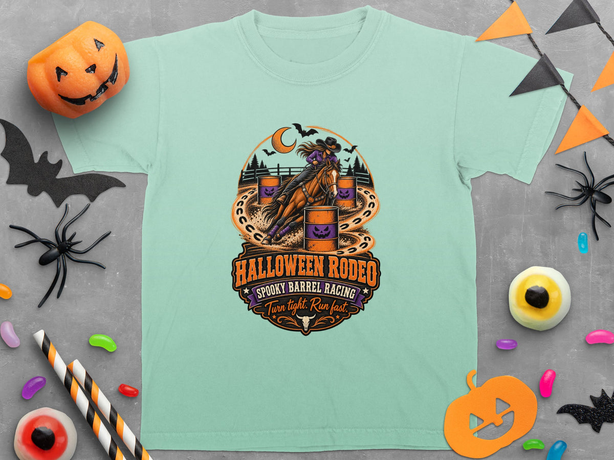 Halloween Rodeo barrel racing graphic with text: "Spooky Barrel Racing, Turn tight. Run fast."