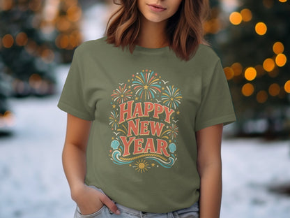 Green t-shirt with "Happy New Year" text, fireworks, and nautical elements.