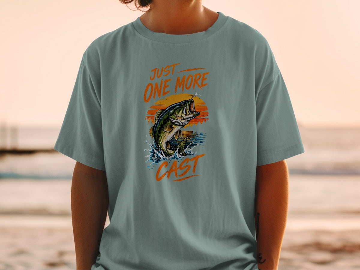 T-shirt with jumping bass and text "JUST ONE MORE CAST."