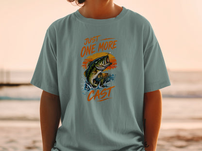 T-shirt with jumping bass and text "JUST ONE MORE CAST."
