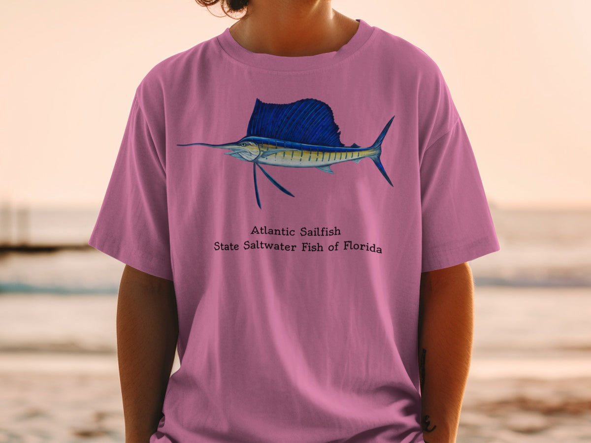 Pink t-shirt with Atlantic Sailfish, Florida State Saltwater Fish graphic.