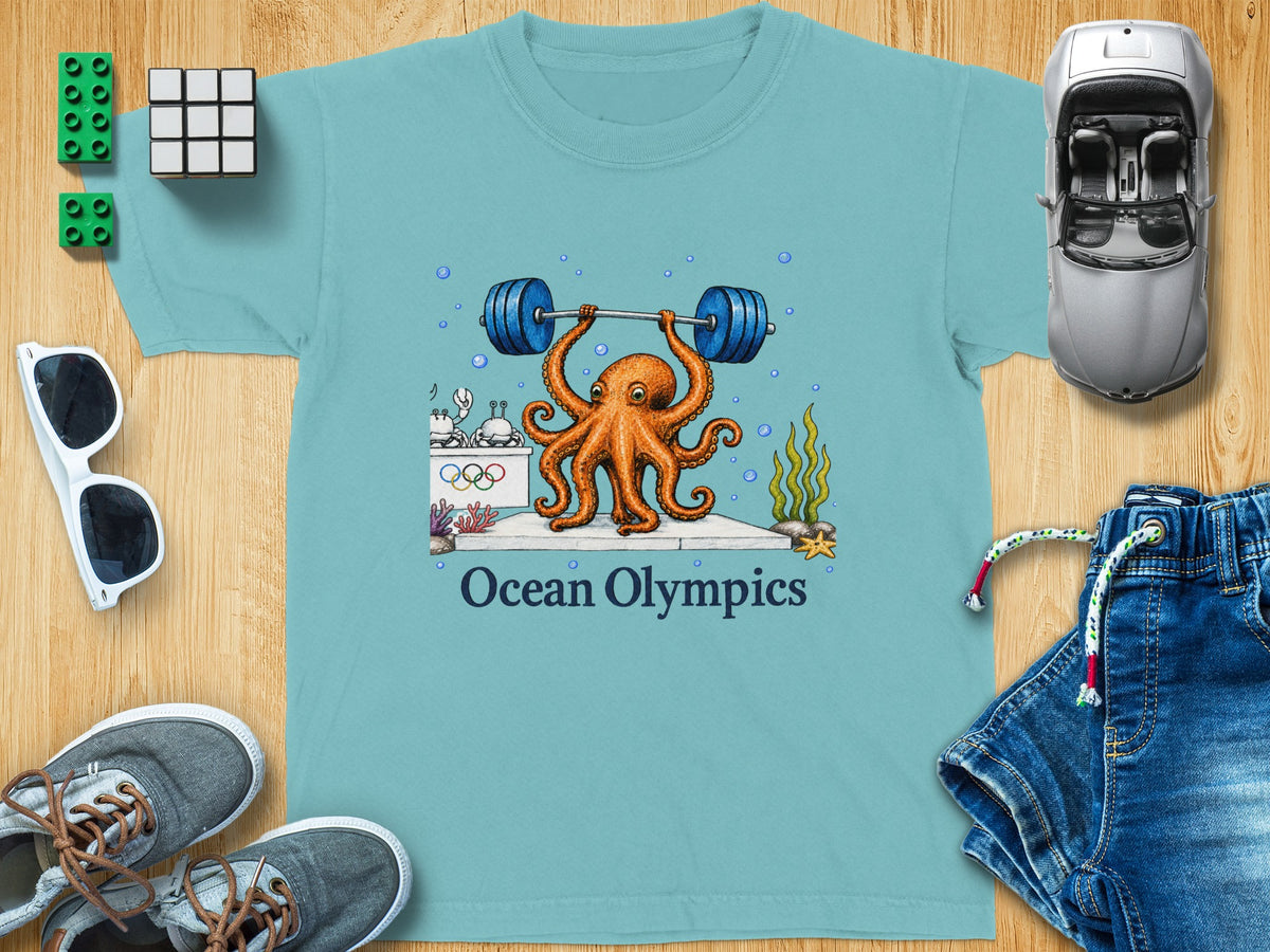 Light blue t-shirt with cartoon octopus lifting weights, "Ocean Olympics" text.