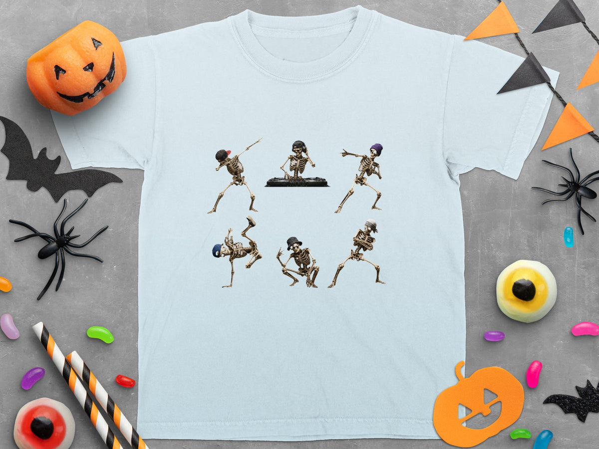 Light blue t-shirt with six dancing skeletons and a DJ skeleton.