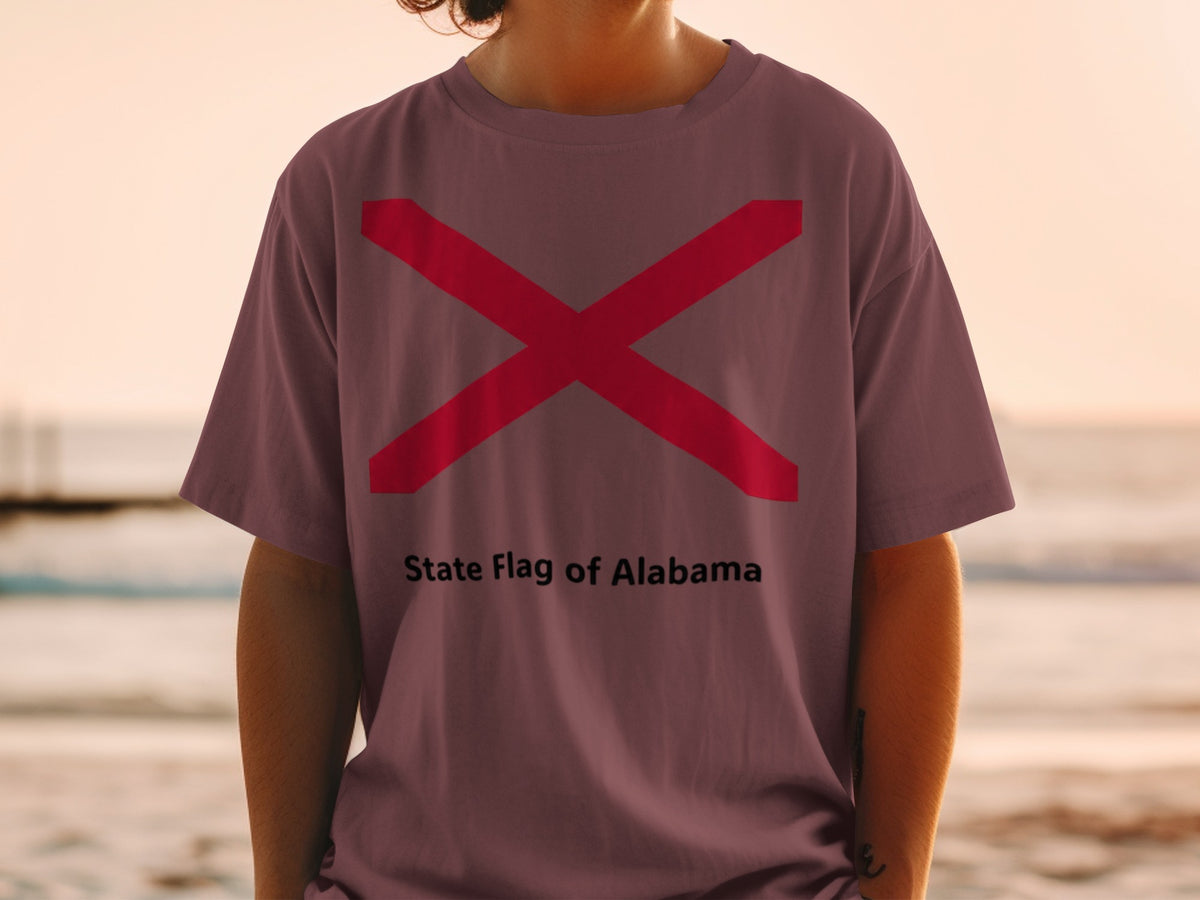 T-shirt with the State Flag of Alabama and text "State Flag of Alabama".