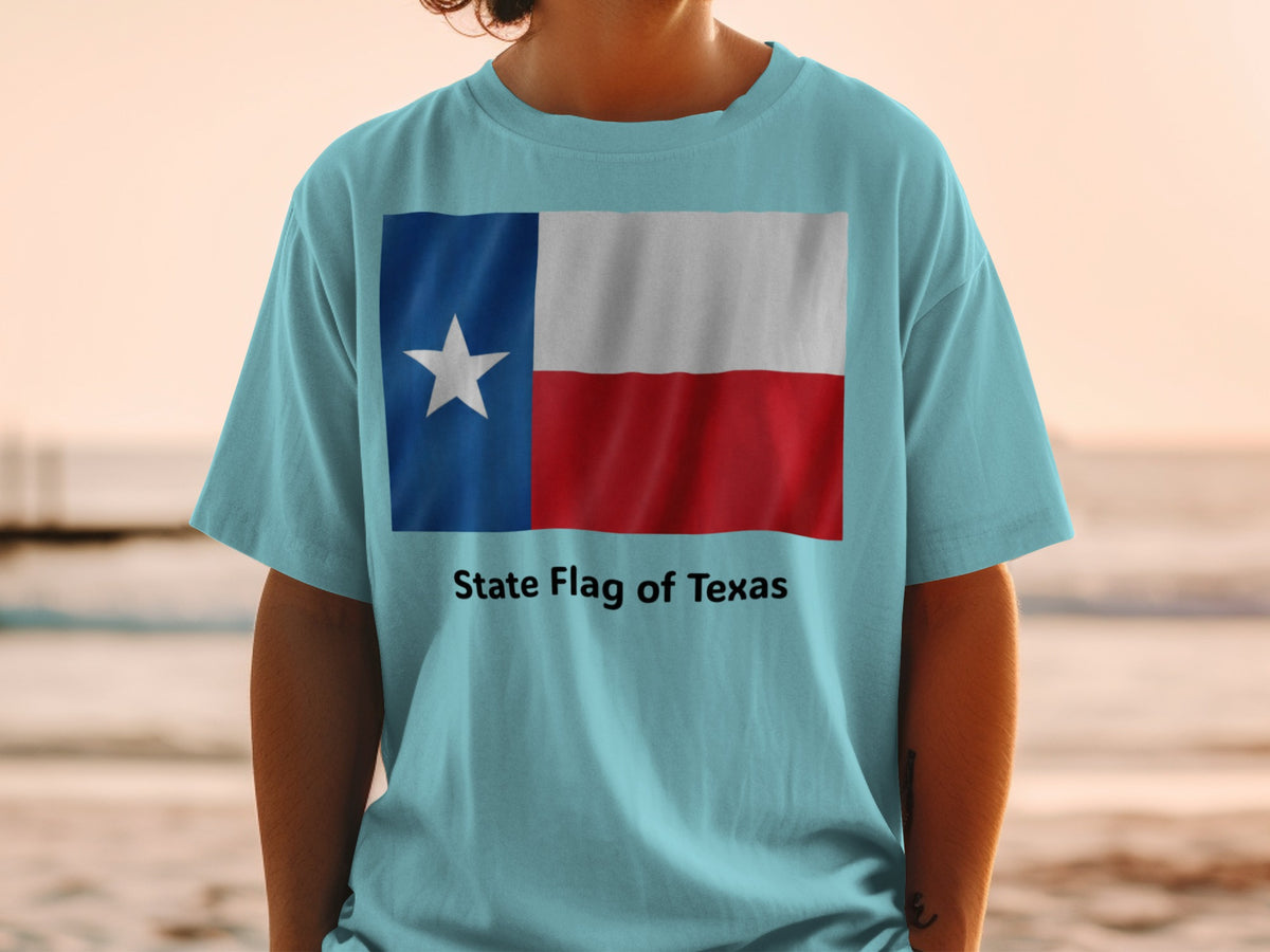 Light blue t-shirt with Texas flag and text "State Flag of Texas".