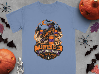 Cowgirl racing horse around barrel, "Halloween Rodeo Spooky Barrel Racing Turn tight. Run fast."